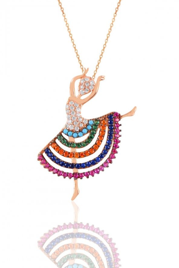 Gümüş rose renkli taşlı balerin  kolye ürün görseli 1