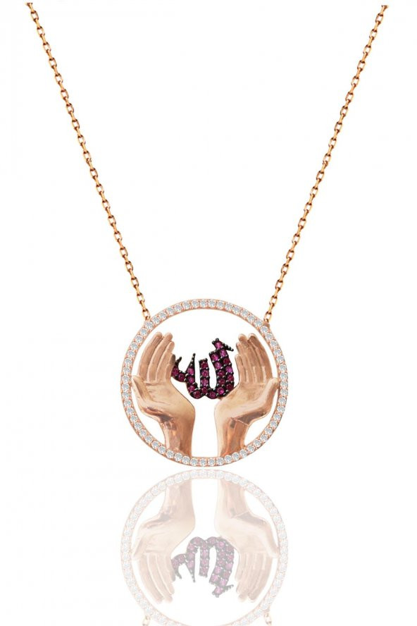 Gümüş rose fuşya taşlı ALLAHa duacı eller kolye ürün görseli