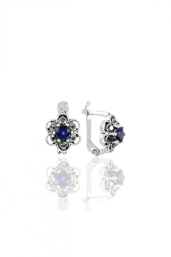 Gümüş  markazit ve safir taşlı çiçek modeli  küpe - 1
