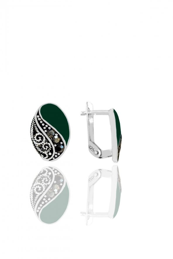 Gümüş yeşil mineli oval markazit taşlı küpe