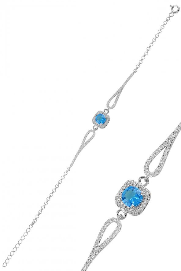 Gümüş rodyumlu  pırlanta modeli akuamarin zirkon taşlı kare  bileklik ürün görseli