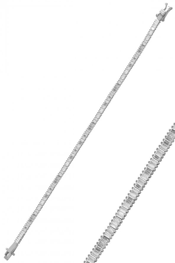 Gümüş pırlanta modeli beyaz altın rodajlı baget taşlı  bileklik ürün görseli