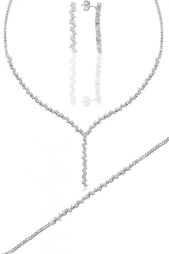 Gümüş beyaz altın rodyumlu pırlanta modeli zirkon taşlı sallantılı su yolu gümüş takım. ürün görseli