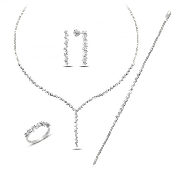 Gümüş beyaz altın rodyumlu pırlanta modeli zirkon taşlı sallantılı su yolu gümüş takım. - Resim 5