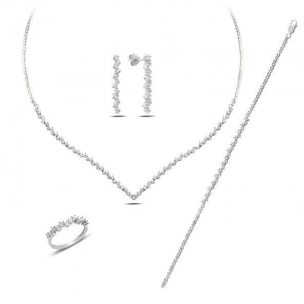 Gümüş beyaz altın rodyumlu pırlanta modeli zirkon taşlı su yolu gümüş takım. - 5
