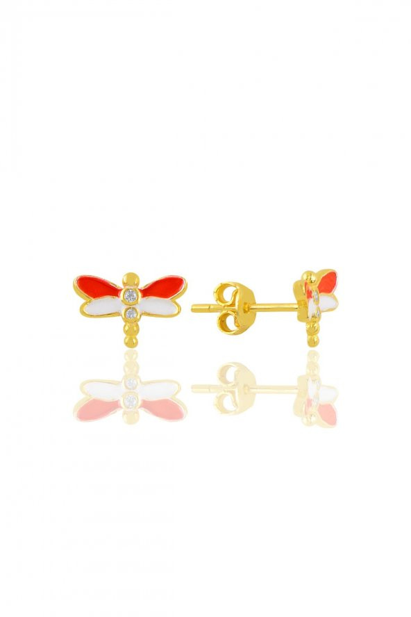 Gümüş altın yaldızlı kırmızı  mineli zirkon taşlı yusufçuk küpe ürün görseli 1