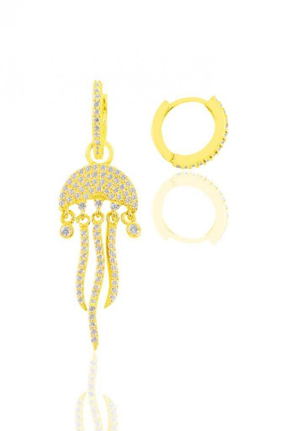 Gümüş altın yaldızlı zirkon taşlı deniz anası figürlü tarz küpe - Resim 2