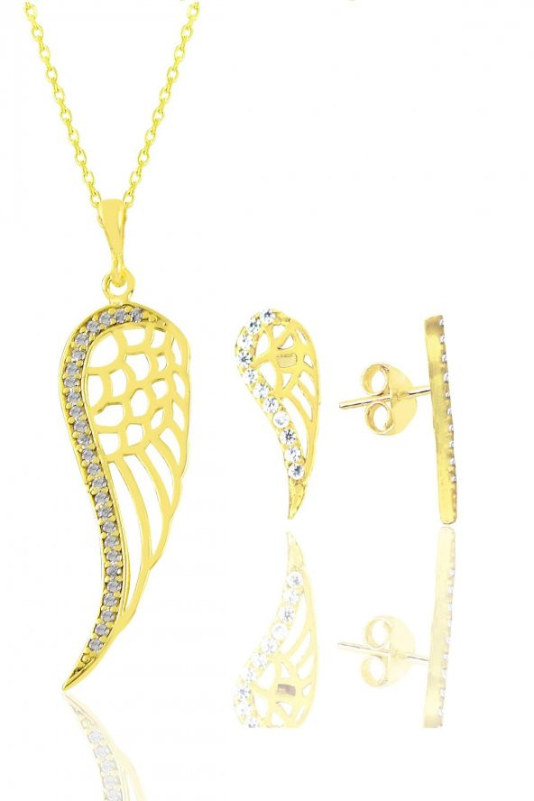 Gümüş  altın yaldızlı zirkon taşlı kanat kolye ve küpe seti