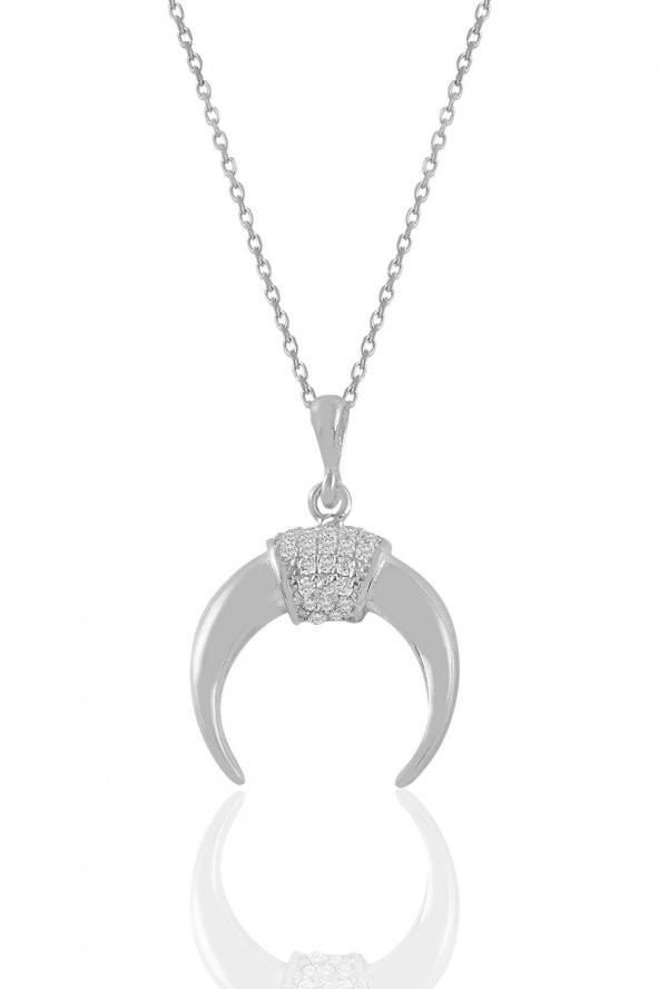 Gümüş rodyumlu zirkon taşlı ters  hilal kolye ve küpe seti - 2