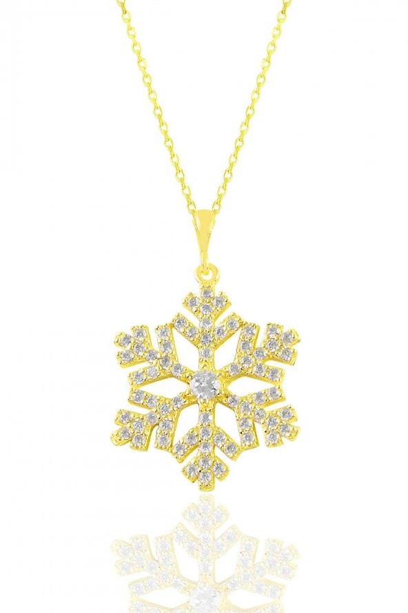 Gümüş  altın yaldızlı zirkon taşlı kar tanesi kolye ve küpe seti - 2