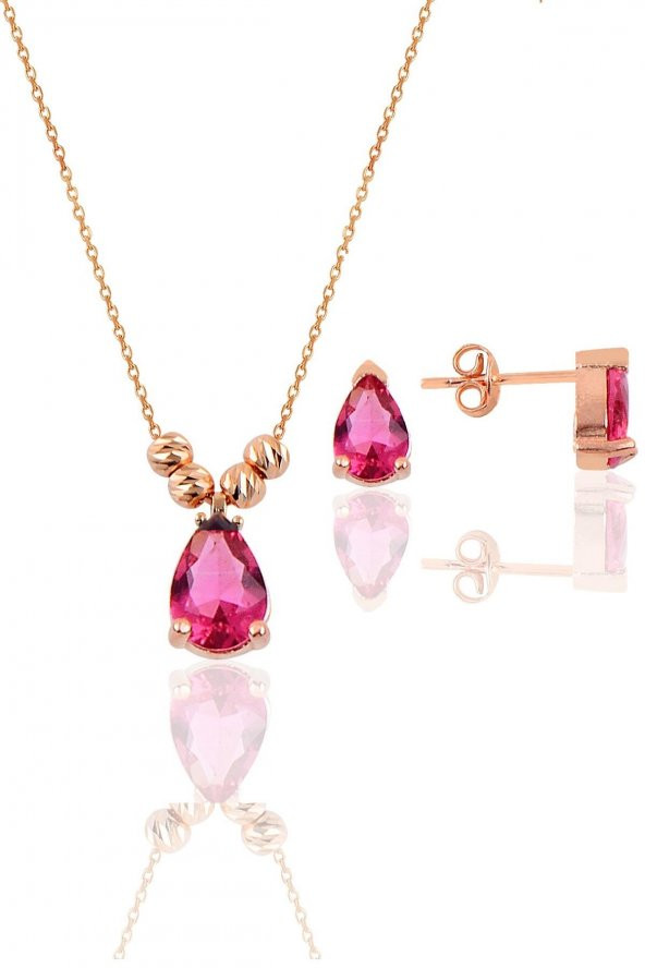 Gümüş rose yakut renkli dorica damla kolye ve çivi modeli küpe seti