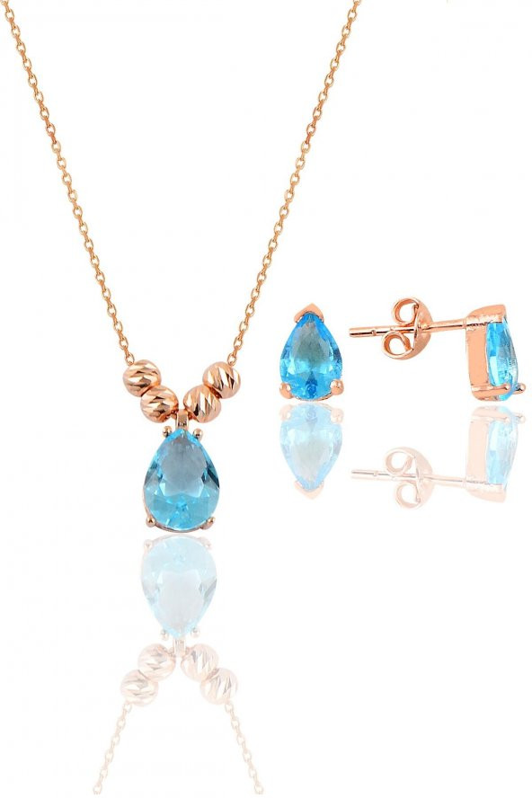 Gümüş rose akuamarin renkli dorica damla kolye ve çivi modeli küpe seti