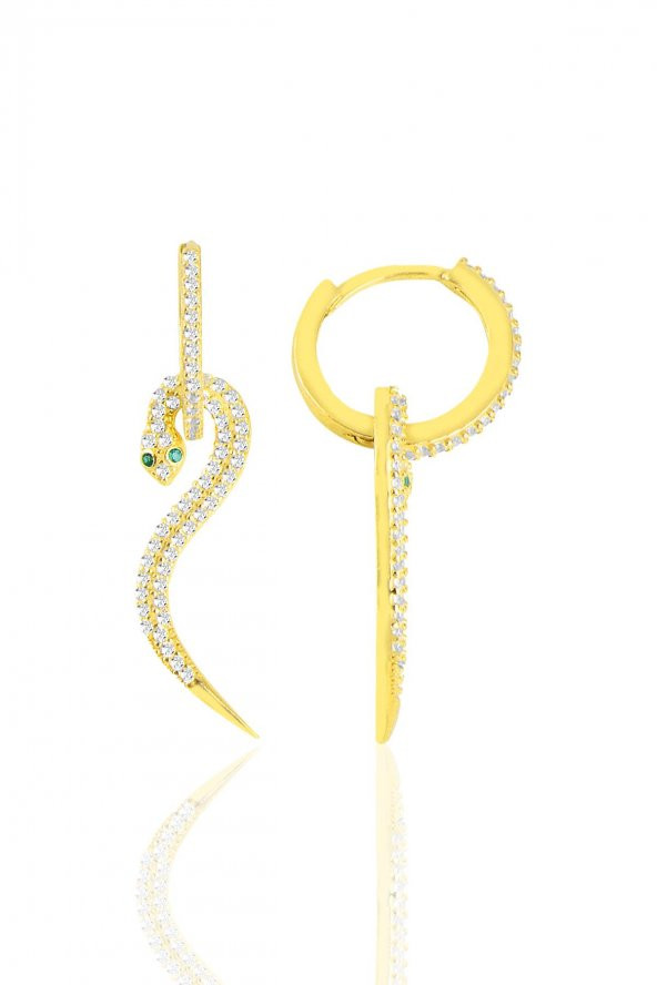 Gümüş altın yaldızlı zirkon taşlı  14 mm halkalı tasarım yılan küpe