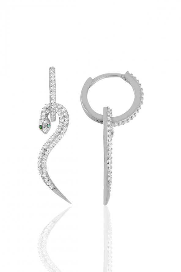 Gümüş rodyumlu zirkon taşlı  14 mm halkalı tasarım yılan küpe - 1