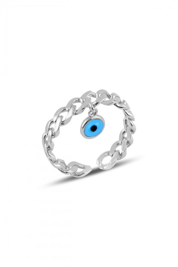 Gümüş rodyumlu , nazarlı alttan ayarlamalı zincir yüzük ürün görseli