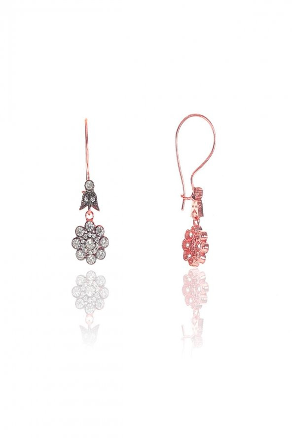 Gümüş rose zirkon taşlı elmas montürlü çiçek modeli küpe