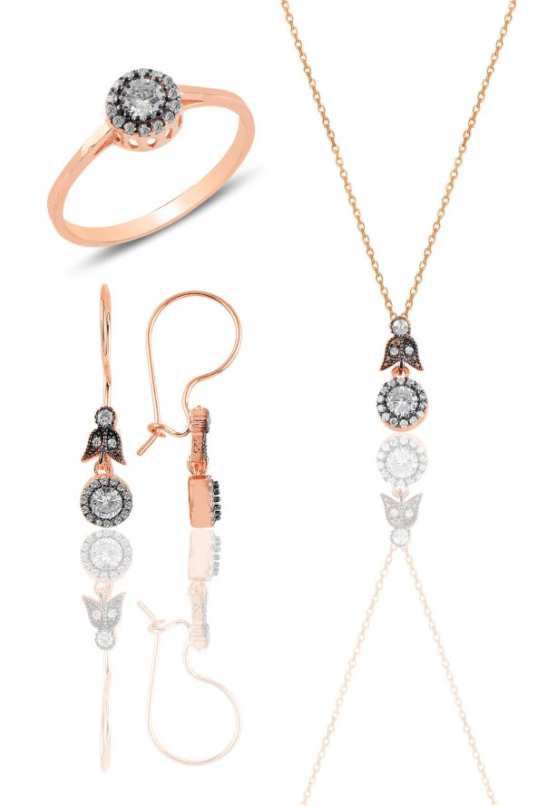 Gümüş rose elmas montürlü yuvarlak üçlü set… SGTL11465ROSE