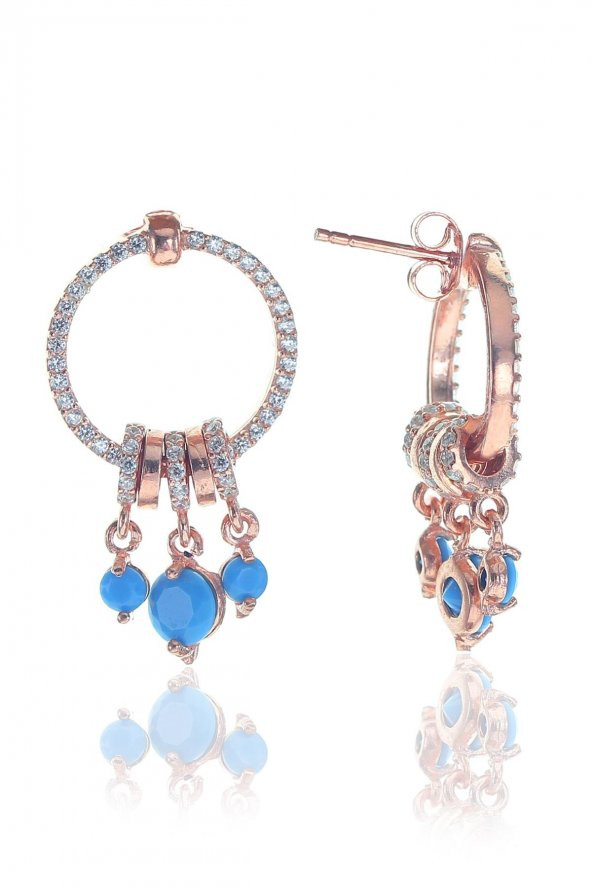 Gümüş rose turkuaz taşlı sallantılı ring küpe - 1