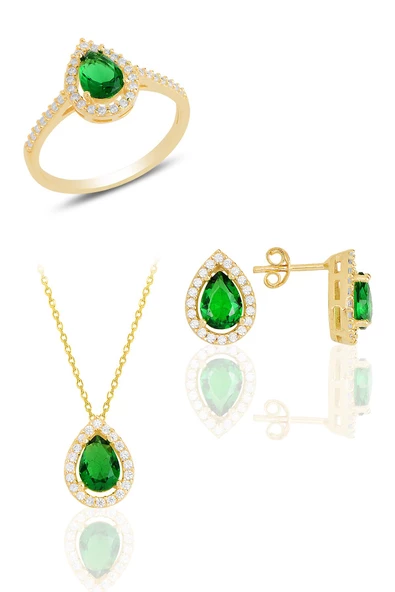 Gümüş altın yaldızlı kök zümrüt taşlı damla modeli üçlü set SGTL11517YESIL ürün görseli