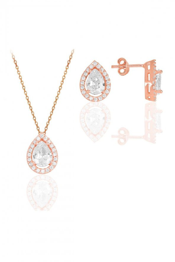 Gümüş rose zirkon taşlı damla modeli ikili set