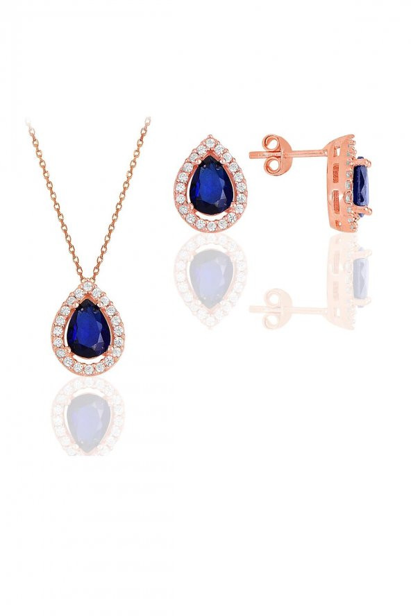 Gümüş rose safir taşlı damla modeli ikili set