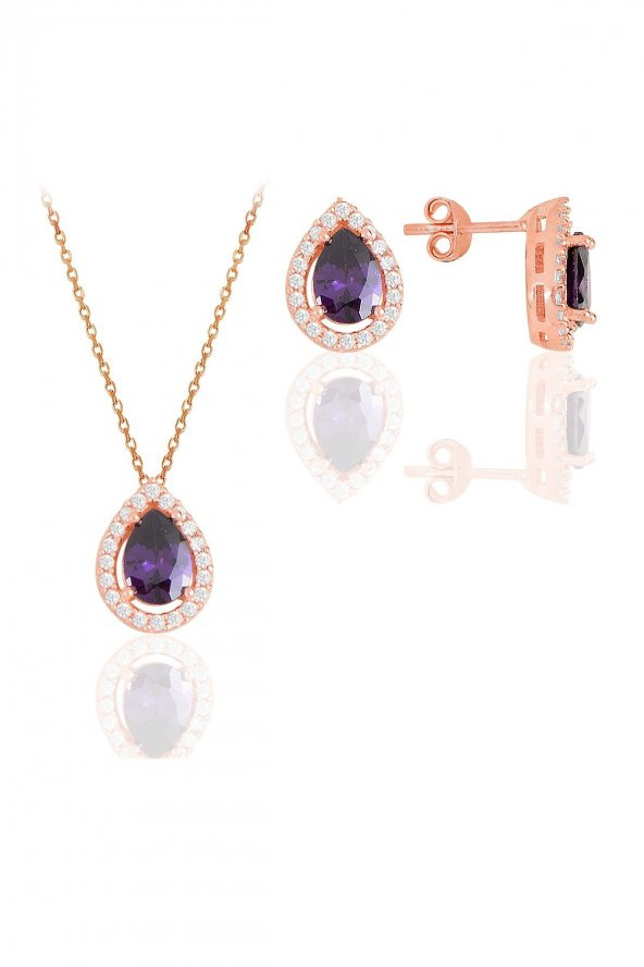 Gümüş rose ametis taşlı damla modeli ikili set