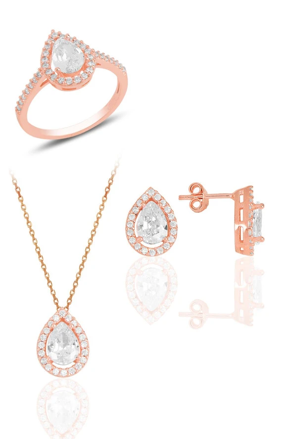 Gümüş rose zirkon taşlı damla modeli üçlü set SGTL11512BEYAZ