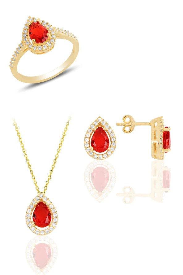 Gümüş altın yaldızlı taşlı damla modeli üçlü set SGTL11517KIRMIZI ürün görseli