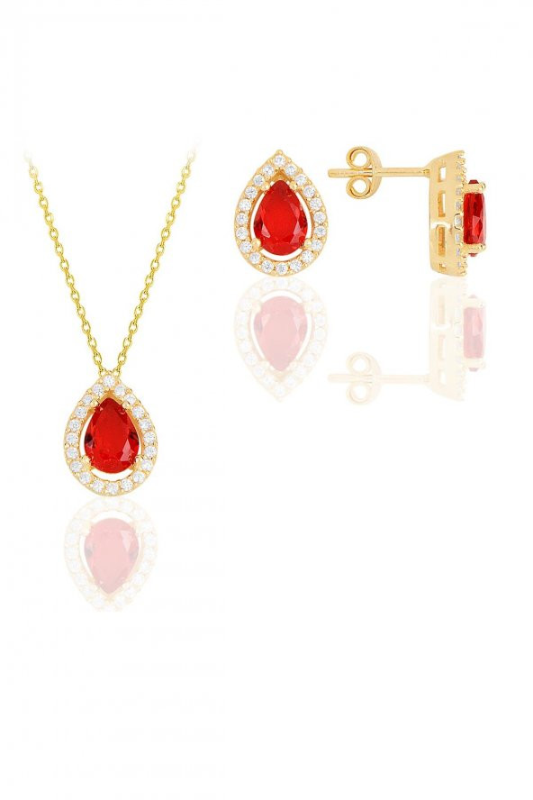 Gümüş altın yaldızlı kırmızı taşlı damla modeli ikili set