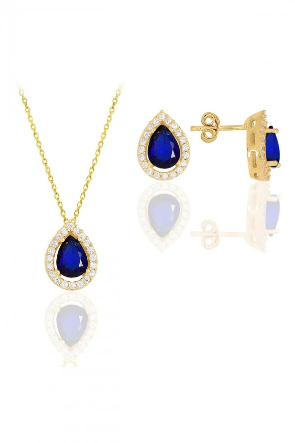 Gümüş altın yaldızlı safir taşlı damla modeli ikili set - 1