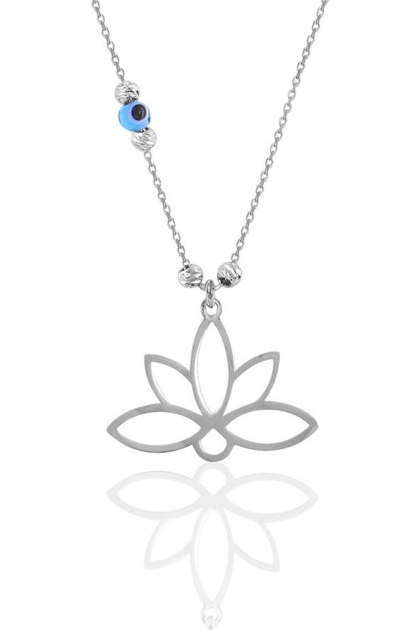 Gümüş rodyumlu nazarlı dorica sonsuz yaşamın simgesi lotus kolye