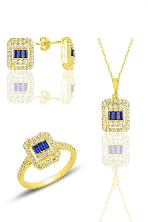 Gümüş  altın yaldızlı baget kesim safir taşlı çizgili üçlü set SGTL11562LACIVERT - 1