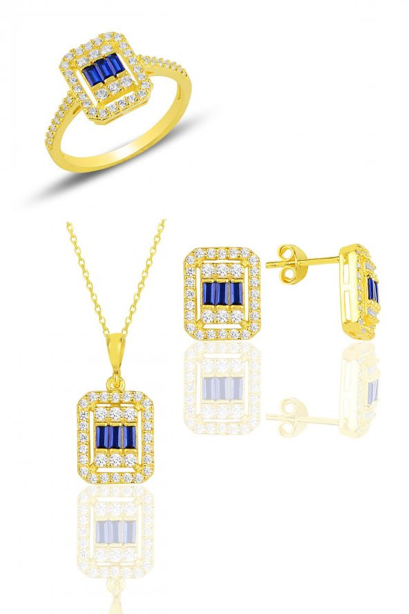Gümüş  altın yaldızlı baget kesim safir taşlı çizgili üçlü set SGTL11562LACIVERT - 2