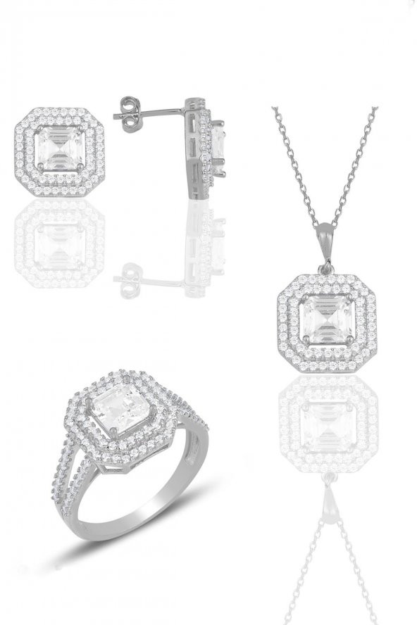 Gümüş rodyumlu özel tasarım baget kesim zirkon taşlı üçlü set SGTL11563RODAJ - Resim 5