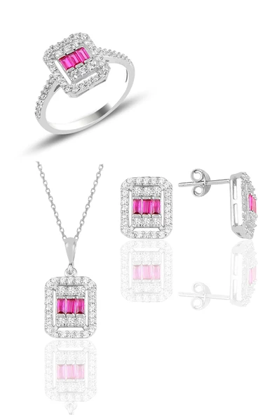 Gümüş beyaz altın rodyumlu baget kesim kök yakut taşlı çizgili üçlü set SGTL11561KIRMIZI