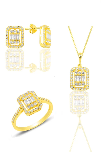 Gümüş  altın yaldızlı baget kesim zirkon taşlı çizgili üçlü set SGTL11562BEYAZ