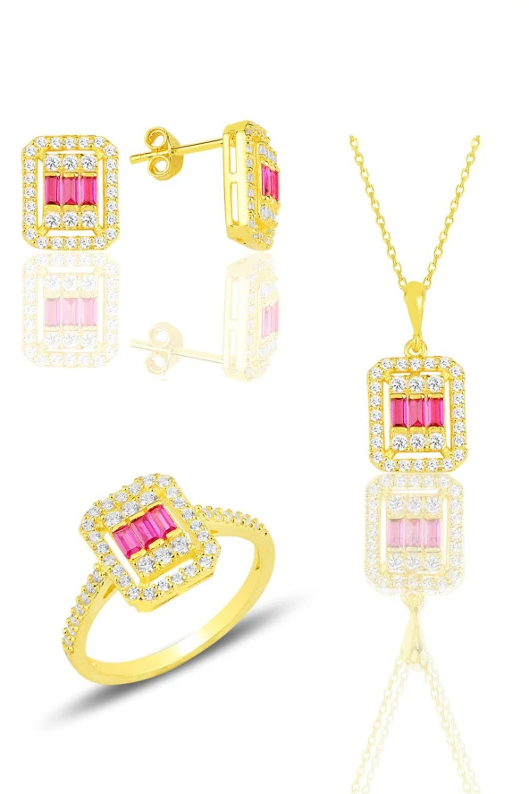 Gümüş altın yaldızlı baget kesim kök yakut taşlı çizgili üçlü set SGTL11562KIRMIZI