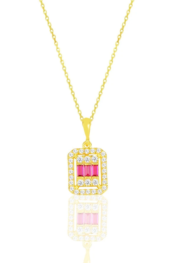 Gümüş altın yaldızlı baget kesim kök yakut taşlı çizgili üçlü set SGTL11562KIRMIZI - 2