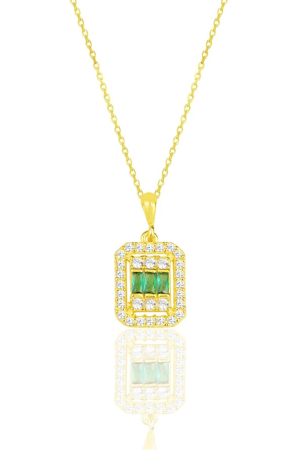 Gümüş  altın yaldızlı baget kesim kök zümrüt taşlı çizgili üçlü set SGTL11562YESIL - Resim 3