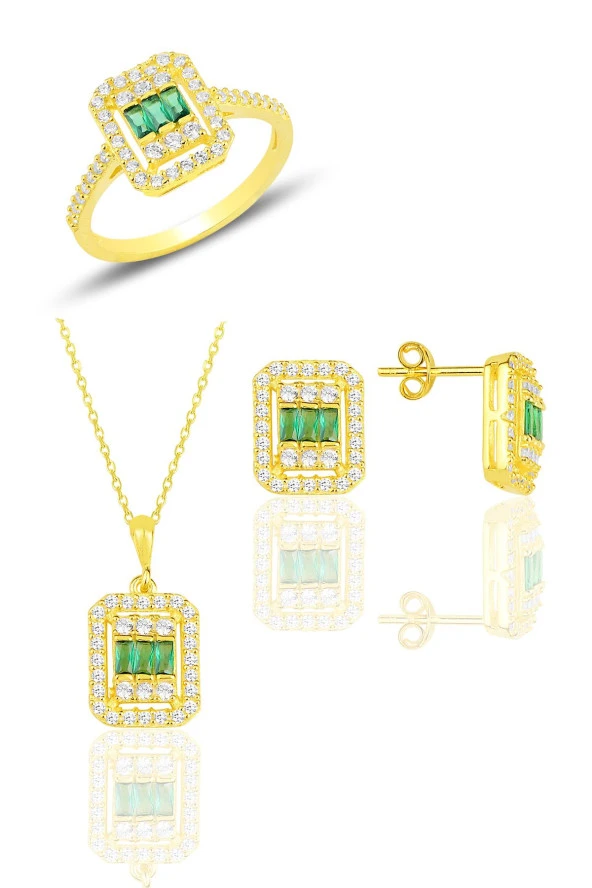 Gümüş  altın yaldızlı baget kesim kök zümrüt taşlı çizgili üçlü set SGTL11562YESIL - Resim 2