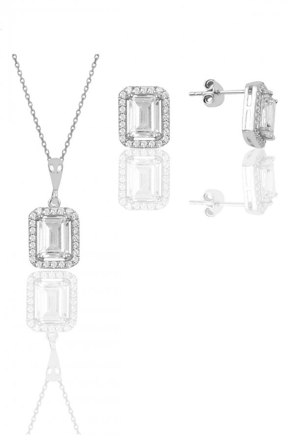 Gümüş rodyumlu zirkon taşlı baget kesim ikili set - 1