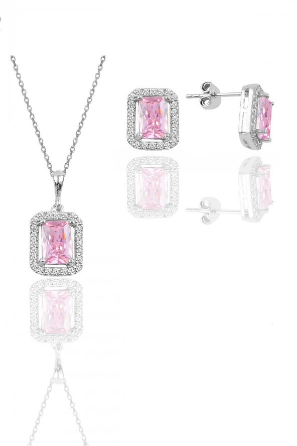 Gümüş rodyumlu pembe taşlı baget kesim ikili set - 1