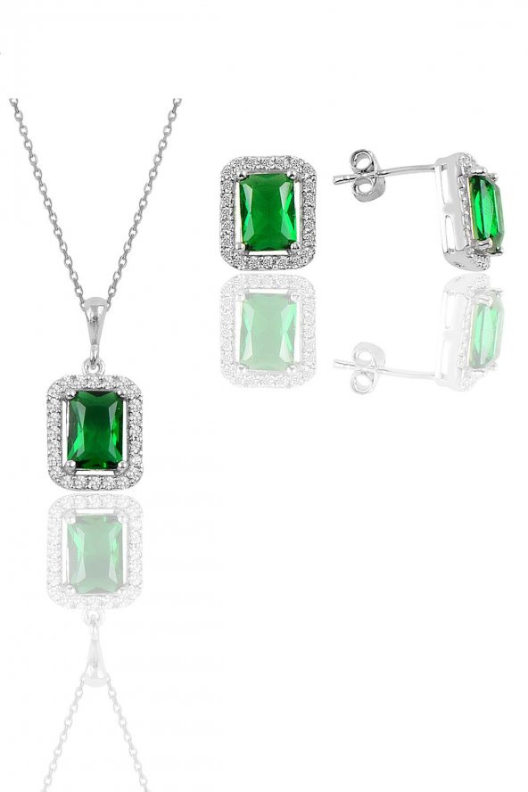 Gümüş rodyumlu kök zümrüt taşlı baget kesim ikili set ürün görseli