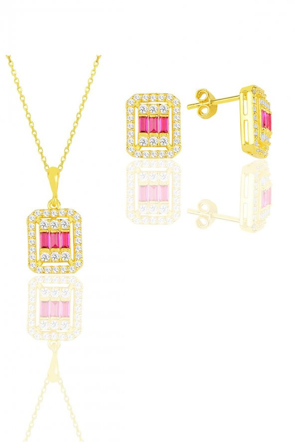 Gümüş altın yaldızlı baget kesim kök yakut taşlı ikili set