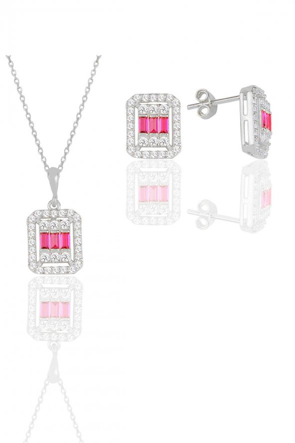 Gümüş beyaz altın rodyumlu baget kesim kök yakut taşlı ikiliüçlü set