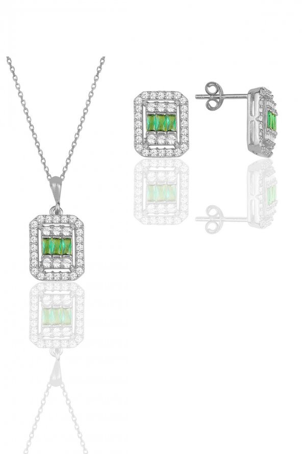 Gümüş beyaz altın rodyumlu baget kesim kök zümrüt taşlı çizgili ikili set ürün görseli