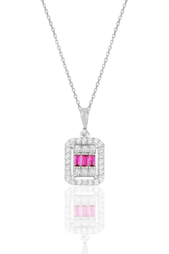 Gümüş beyaz altın rodyumlu baget kesim kök yakut taşlı çizgili kolye