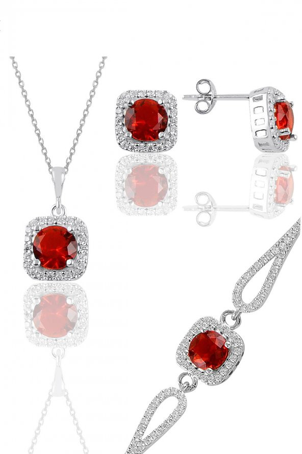 Gümüş rodyumlu kırmızı taşlı kare kolye küpe ve bileklikten oluşan üçlü set