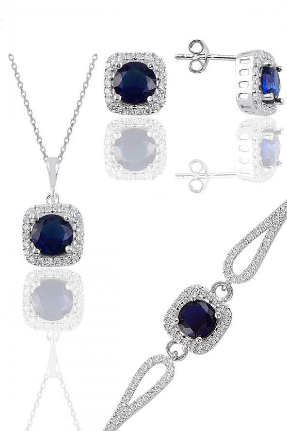 Gümüş rodyumlu safir taşlı kare kolye küpe ve bileklikten oluşan üçlü set ürün görseli