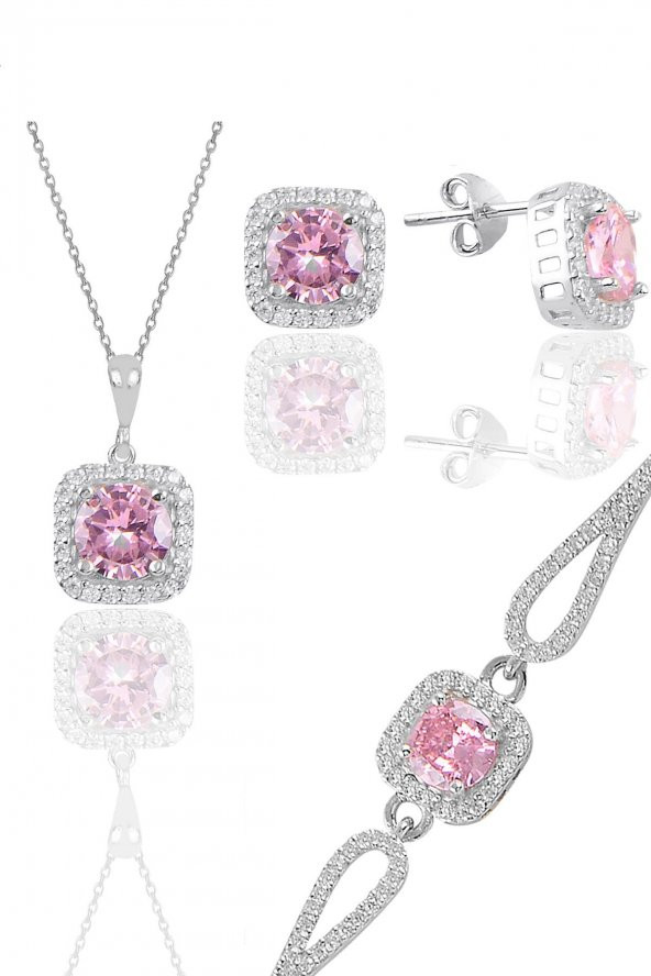 Gümüş rodyumlu pembe taşlı kare kolye küpe ve bileklikten oluşan üçlü set ürün görseli